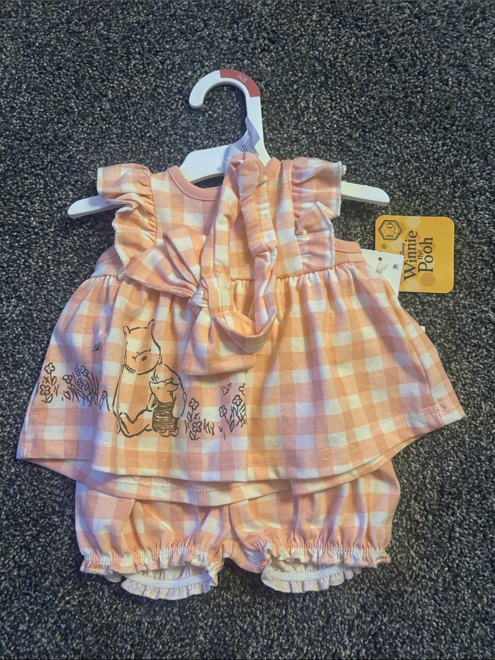 NB Peach Gingham Winnie the Pooh Baby Dress & Bloomers Set